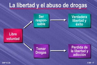 La libertad y el abuso de drogas Libre voluntad Ser respon-sable Tomar Drogas Verdadera libertad y éxito Perdida de la libertad y adicción 