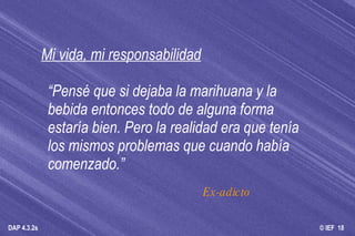 Mi vida, mi responsabilidad “Pensé que si dejaba la marihuana y la bebida entonces todo de alguna forma estaría bien. Pero la realidad era que tenía los mismos problemas que cuando había comenzado.” Ex-adicto 