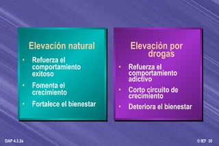 Elevación natural Refuerza el comportamiento exitoso Fomenta el crecimiento Fortalece el bienestar Elevación por drogas Refuerza el comportamiento  adictivo Corto circuito de crecimiento Deteriora el bienestar 