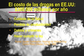 El costo de las drogas en EE.UU: $300.000 millones por año   Cuidado de la Salud Perdida de productividad Delitos y crímenes Hacer cumplir la ley Fuente: Senate Confirmation  Hearings for National Drug Control Policy Director, Feb 28, 1996 
