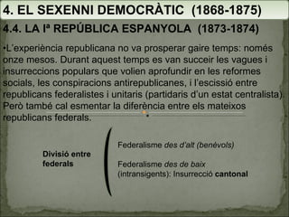4. EL SEXENNI DEMOCRÀTIC  (1868-1875) 4.4. LA Iª REPÚBLICA ESPANYOLA  (1873-1874) • L’experiència republicana no va prosperar gaire temps: només onze mesos. Durant aquest temps es van succeir les vagues i insurreccions populars que volien aprofundir en les reformes socials, les conspiracions antirepublicanes, i l’escissió entre republicans federalistes i unitaris (partidaris d’un estat centralista). Però també cal esmentar la diferència entre els mateixos republicans federals. Federalisme  des d’alt (benèvols) Federalisme  des de baix  (intransigents): Insurrecció  cantonal Divisió entre federals 