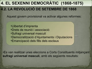Aquest govern provisional va activar algunes reformes: 4. EL SEXENNI DEMOCRÀTIC  (1868-1875) 4.2. LA REVOLUCIÓ DE SETEMBRE DE 1868 Llibertat d’imprenta Drets de reunió i associació Sufragi universal masculí Democratització d’Ajuntaments i Diputacions Emancipació dels fills dels esclaus • Es van realitzar unes eleccions a Corts Constituents mitjançant  sufragi universal masculí , amb els següents resultats: 