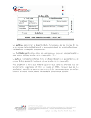 Las políticas determinan la disponibilidad y formalización de las mismas. En ella
se encuentran la flexibilidad laboral, el apoyo profesional, los servicios familiares y
los beneficios extralegales que presentan.
Los facilitadores identifican cómo las organizaciones ponen en práctica los pilares
para apoyar políticas familiarmente responsables (FR).
La cultura reconoce la existencia de las prácticas más comunes que condicionan el
avance de la organización hacia una cultura familiarmente responsable.
Para establecer el índice que mide la capacidad que tiene una empresa para ser
familiarmente responsable el IESE ha creado el IFREI, indicador que da los
resultados y que ubica a las empresas en uno de los cuatro cuadrantes que se han
definido. Al mismo tiempo, revela los niveles de desarrollo de una EFR.
 