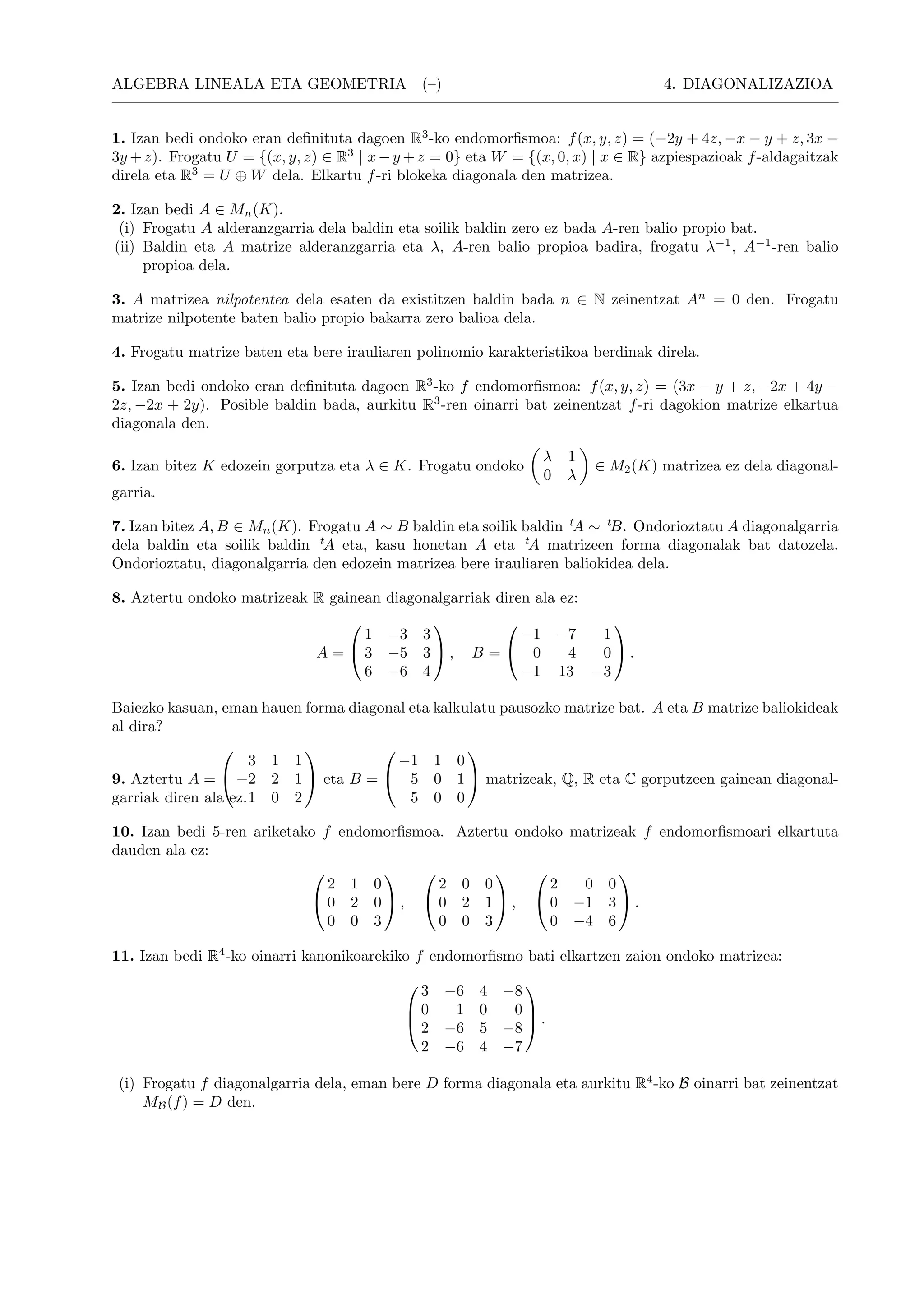 Lineala 04 endomorfismoen diagonalizazioa-ariketak | PDF