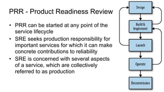 PRR - Product Readiness Review
• PRR can be started at any point of the
service lifecycle
• SRE seeks production responsibility for
important services for which it can make
concrete contributions to reliability
• SRE is concerned with several aspects
of a service, which are collectively
referred to as production
4
 