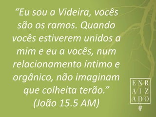 “Eu sou a Videira, vocês
são os ramos. Quando
vocês estiverem unidos a
mim e eu a vocês, num
relacionamento íntimo e
orgânico, não imaginam
que colheita terão.”
(João 15.5 AM)
 