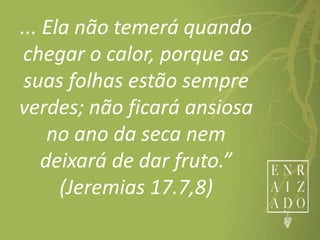 ... Ela não temerá quando
chegar o calor, porque as
suas folhas estão sempre
verdes; não ficará ansiosa
no ano da seca nem
deixará de dar fruto.”
(Jeremias 17.7,8)
 
