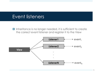 Event listeners
¤ Still, we do not know where to place the code that will
be executed in response to the event
25
View.OnClickListener
onClick() {
someActions;
}
 