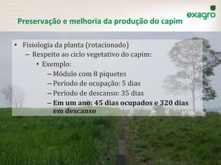 Preservação	
  e	
  melhoria	
  da	
  produção	
  do	
  capim	
  
•  Fisiologia	
  da	
  planta	
  (rotacionado)	
  
–  Respeito	
  ao	
  ciclo	
  vegetativo	
  do	
  capim:	
  
•  Exemplo:	
  
– Módulo	
  com	
  8	
  piquetes	
  
– Período	
  de	
  ocupação:	
  5	
  dias	
  
– Período	
  de	
  descanso:	
  35	
  dias	
  
– Em	
  um	
  ano:	
  45	
  dias	
  ocupados	
  e	
  320	
  dias	
  
em	
  descanso	
  
 