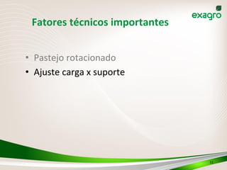 •  Pastejo	
  rotacionado	
  
•  Ajuste	
  carga	
  x	
  suporte	
  
31	
  
Fatores	
  técnicos	
  importantes	
  
 
