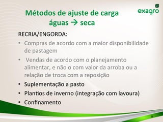 RECRIA/ENGORDA:	
  
•  Compras	
  de	
  acordo	
  com	
  a	
  maior	
  disponibilidade	
  
de	
  pastagem	
  
•  	
  Vendas	
  de	
  acordo	
  com	
  o	
  planejamento	
  
alimentar,	
  e	
  não	
  o	
  com	
  valor	
  da	
  arroba	
  ou	
  a	
  
relação	
  de	
  troca	
  com	
  a	
  reposição	
  
•  Suplementação	
  a	
  pasto	
  
•  PlanOos	
  de	
  inverno	
  (integração	
  com	
  lavoura)	
  	
  
•  Conﬁnamento	
  
	
  
38	
  
Métodos	
  de	
  ajuste	
  de	
  carga	
  	
  
águas	
  à	
  seca	
  
 