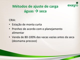 CRIA:	
  
•  Estação	
  de	
  monta	
  curta	
  	
  
•  Prenhez	
  de	
  acordo	
  com	
  o	
  planejamento	
  
alimentar	
  
•  Venda	
  de	
  80-­‐100%	
  das	
  vacas	
  vazias	
  antes	
  da	
  seca	
  
(desmama	
  precoce)	
  
39	
  
Métodos	
  de	
  ajuste	
  de	
  carga	
  	
  
águas	
  à	
  seca	
  
 