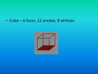 • Cubo – 6 faces, 12 arestas, 8 vértices
 