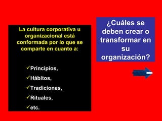 La cultura corporativa u organizacional está conformada por lo que se comparte en cuanto a: Principios, Hábitos, Tradiciones, Rituales, etc. ¿Cuáles se deben crear o transformar en su organización? 
