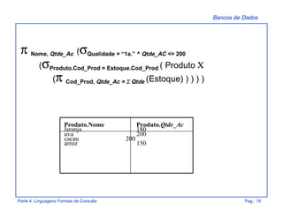 Bancos de Dados
Parte 4: Linguagens Formais de Consulta Pag.: 18
π Nome, Qtde_Ac (σQualidade = “1a.” ^ Qtde_AC <= 200
(σProduto.Cod_Prod = Estoque.Cod_Prod ( Produto Χ
(π Cod_Prod, Qtde_Ac = ΣΣ Qtde (Estoque) ) ) ) )
Produto.Nome Produto.Qtde_Ac
laranja 180
uva 200
cacau 200
arroz 150
 