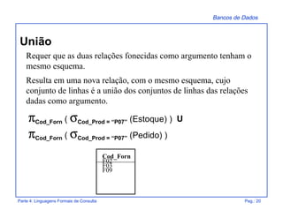 Bancos de Dados
Parte 4: Linguagens Formais de Consulta Pag.: 20
União
πCod_Forn ( σCod_Prod = “P07” (Estoque) ) U
πCod_Forn ( σCod_Prod = “P07” (Pedido) )
Cod_Forn
F02
F03
F09
Requer que as duas relações fonecidas como argumento tenham o
mesmo esquema.
Resulta em uma nova relação, com o mesmo esquema, cujo
conjunto de linhas é a união dos conjuntos de linhas das relações
dadas como argumento.
 