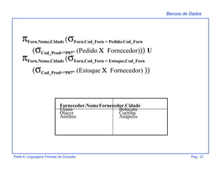 Bancos de Dados
Parte 4: Linguagens Formais de Consulta Pag.: 21
πForn.Nome,Cidade (σForn.Cod_Forn = Pedido.Cod_Forn
(σCod_Prod=“P07” (Pedido Χ Fornecedor))) U
πForn.Nome,Cidade (σForn.Cod_Forn = Estoque.Cod_Forn
(σCod_Prod=“P07” (Estoque Χ Fornecedor) ))
Fornecedor.NomeFornecedor.Cidade
Eliana Botucatu
Olacyr Curitiba
Antônio Anápolis
 