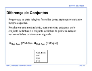 Bancos de Dados
Parte 4: Linguagens Formais de Consulta Pag.: 22
Diferença de Conjuntos
πCod_Forn (Pedido) - πCod_Forn (Estoque)
Cod_Forn
F07
F09
F10
Requer que as duas relações fonecidas como argumento tenham o
mesmo esquema.
Resulta em uma nova relação, com o mesmo esquema, cujo
conjunto de linhas é o conjunto de linhas da primeira relação
menos as linhas existentes na segunda.
 