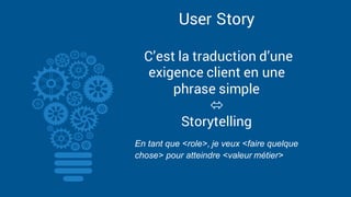 User Story
C’est la traduction d’une
exigence client en une
phrase simple
ó
Storytelling
En tant que <role>, je veux <faire quelque
chose> pour atteindre <valeur métier>
 
