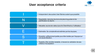 24
User acceptance criteria
• Independent.des autres User Stories autant que possibleI
• Negotiable.dans les réunions de planning poker et de
planification du Sprint.N
• Valuable.source de valeur pour le Clientfinal ou l‘utilisateurV
• Estimable.Sa complexité est estimée par les équipes;E
• Sizeable.suffisammentpetite pour être traitée par l’équipe sur
une seule itération.S
• Testable.Elle doitêtre testable, à travers la validation de ses
critères d’acceptationT
 