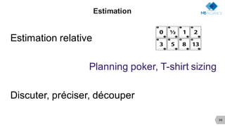 30
Estimation
Estimation relative
Planning poker, T-shirt sizing
Discuter, préciser, découper
 