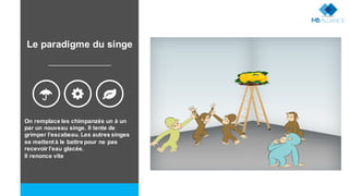 On remplace les chimpanzés un à un
par un nouveau singe. Il tente de
grimper l’escabeau. Les autres singes
se mettent à le battre pour ne pas
recevoir l’eau glacée.
Il renonce vite
: - ;
Le paradigme du singe
 