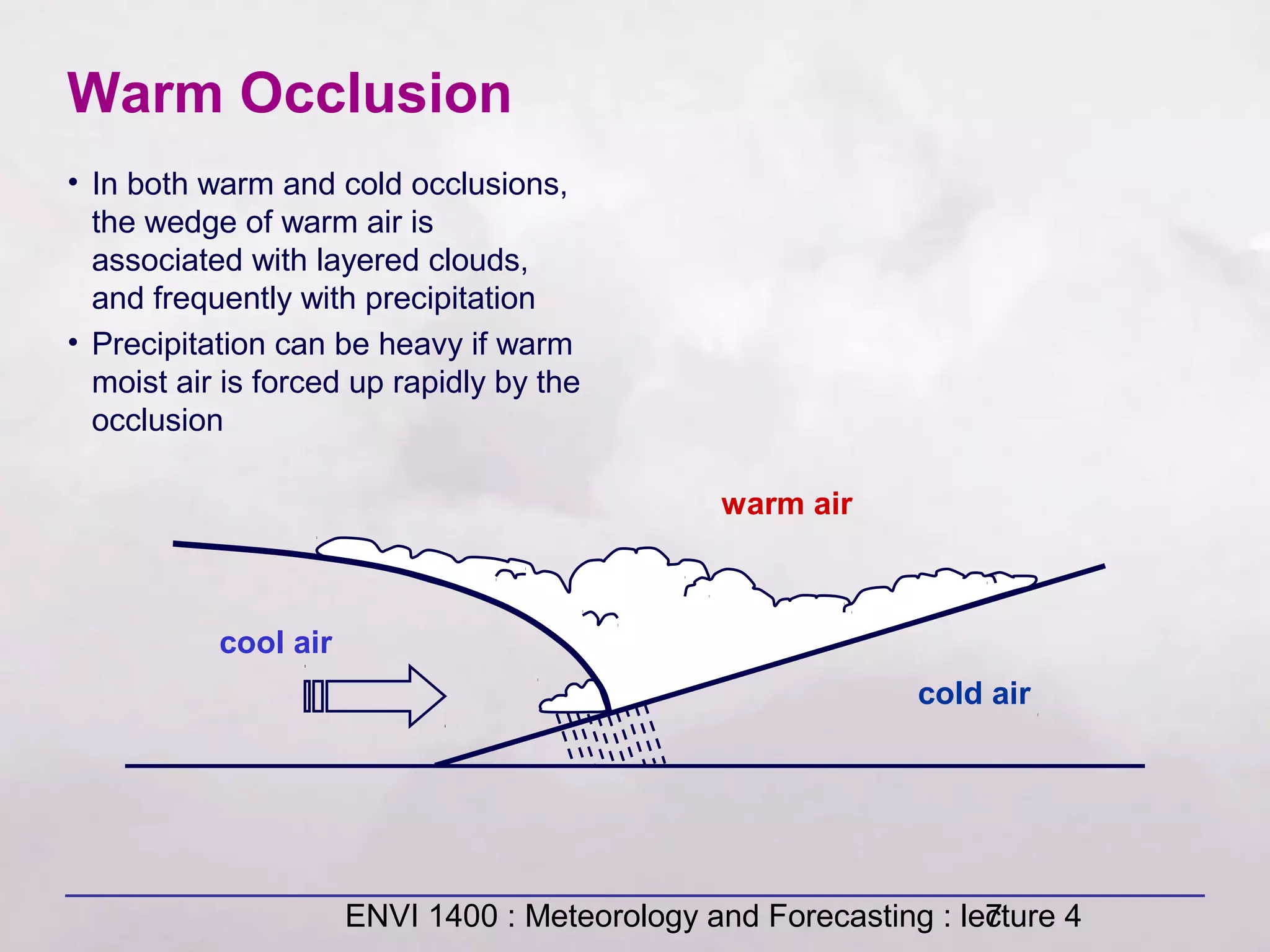 ENVI 1400 : Meteorology and Forecasting : lecture 47
cold air
warm air
cool air
Warm Occlusion
• In both warm and cold occlusions,
the wedge of warm air is
associated with layered clouds,
and frequently with precipitation
• Precipitation can be heavy if warm
moist air is forced up rapidly by the
occlusion
 