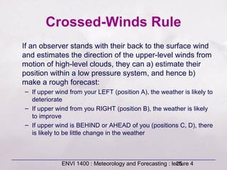 ENVI 1400 : Meteorology and Forecasting : lecture 425
Crossed-Winds Rule
If an observer stands with their back to the surface wind
and estimates the direction of the upper-level winds from
motion of high-level clouds, they can a) estimate their
position within a low pressure system, and hence b)
make a rough forecast:
– If upper wind from your LEFT (position A), the weather is likely to
deteriorate
– If upper wind from you RIGHT (position B), the weather is likely
to improve
– If upper wind is BEHIND or AHEAD of you (positions C, D), there
is likely to be little change in the weather
 