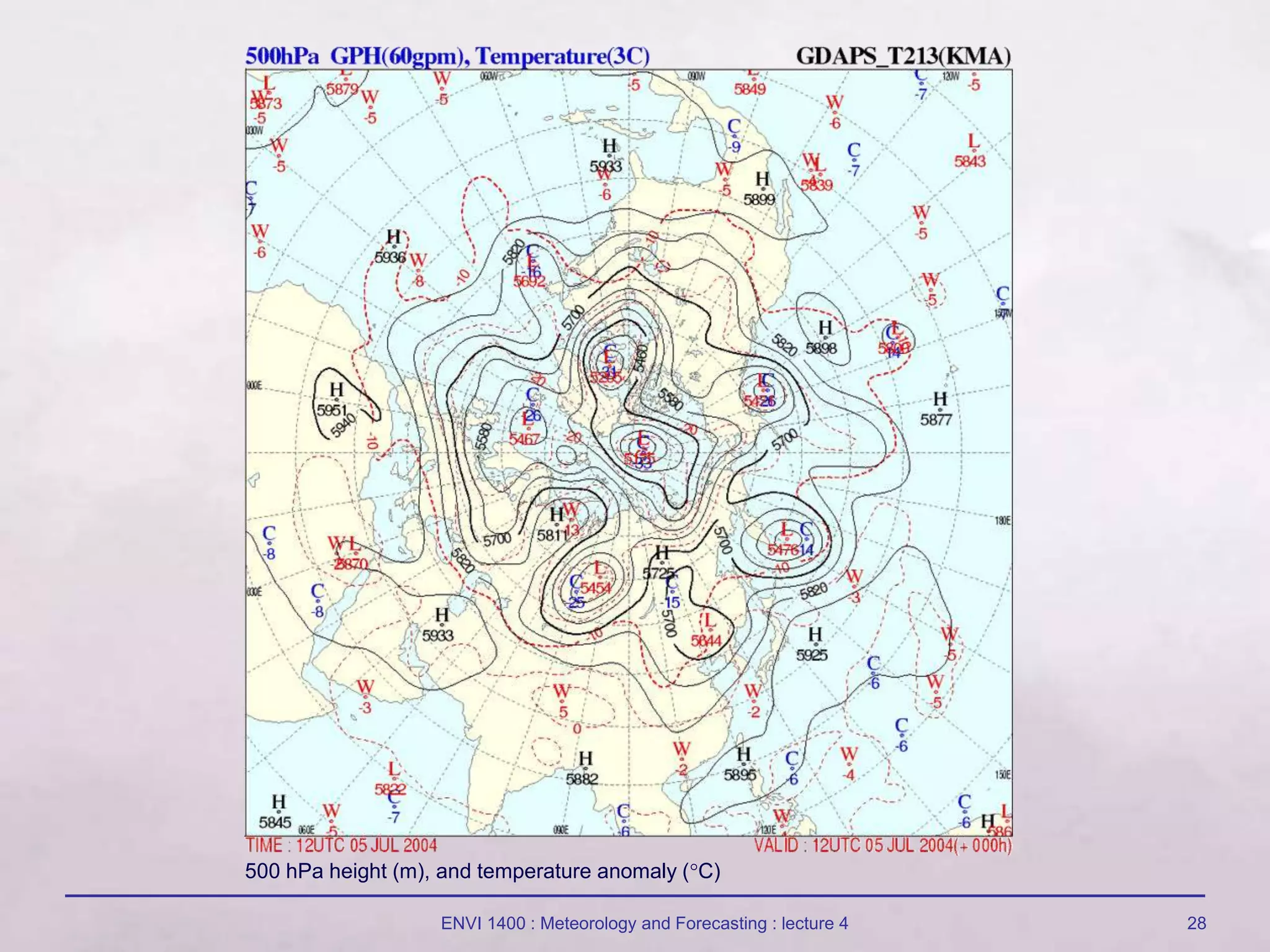 ENVI 1400 : Meteorology and Forecasting : lecture 4 28
500 hPa height (m), and temperature anomaly (C)
 