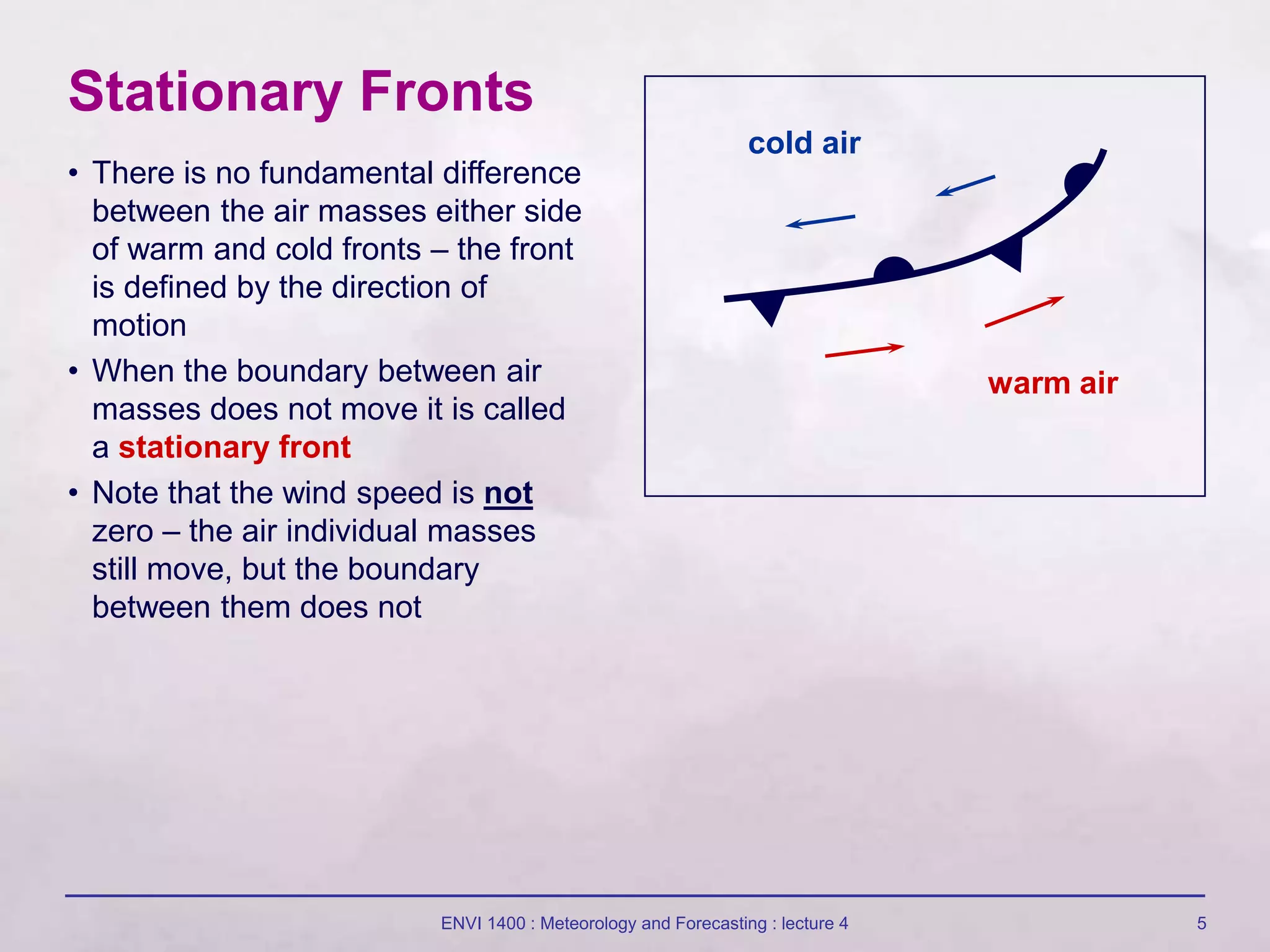 ENVI 1400 : Meteorology and Forecasting : lecture 4 5
Stationary Fronts
• There is no fundamental difference
between the air masses either side
of warm and cold fronts – the front
is defined by the direction of
motion
• When the boundary between air
masses does not move it is called
a stationary front
• Note that the wind speed is not
zero – the air individual masses
still move, but the boundary
between them does not
cold air
warm air
 