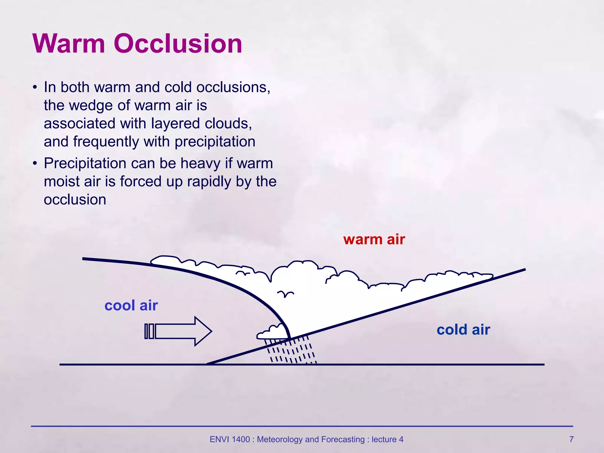 ENVI 1400 : Meteorology and Forecasting : lecture 4 7
cold air
warm air
cool air
Warm Occlusion
• In both warm and cold occlusions,
the wedge of warm air is
associated with layered clouds,
and frequently with precipitation
• Precipitation can be heavy if warm
moist air is forced up rapidly by the
occlusion
 