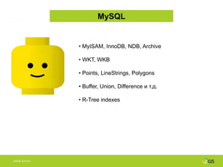 MySQL


              • MyISAM, InnoDB, NDB, Archive

              • WKT, WKB

              • Points, LineStrings, Polygons

              • Buffer, Union, Difference и т.д.

              • R-Tree indexes




WWW.2GIS.RU
 