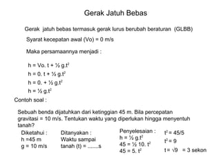 Gerak Jatuh Bebas
Gerak jatuh bebas termasuk gerak lurus berubah beraturan (GLBB)
Syarat kecepatan awal (Vo) = 0 m/s
Maka persamaannya menjadi :
h = Vo. t + ½ g.t2
h = 0. t + ½ g.t2
h = 0. + ½ g.t2
h = ½ g.t2
Contoh soal :
Sebuah benda dijatuhkan dari ketinggian 45 m. Bila percepatan
gravitasi = 10 m/s. Tentukan waktu yang diperlukan hingga menyentuh
tanah?
Penyelesaian :
Diketahui :
Ditanyakan :
t2 = 45/5
h = ½ g.t2
h =45 m
Waktu sampai
t2 = 9
2
45 = ½ 10. t
g = 10 m/s
tanah (t) = .......s
t = √9 = 3 sekon
45 = 5. t2

 