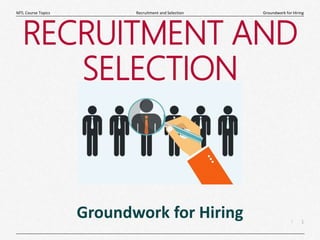 1
|
Groundwork for Hiring
Recruitment and Selection
MTL Course Topics
RECRUITMENT AND
SELECTION
Groundwork for Hiring
 