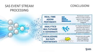 Copyright © SAS Institute Inc. All rights reserved.
SAS EVENT STREAM
PROCESSING
CONCLUSIONI
Monitorare e trovare
eventi in modo continuo,
agendo in tempo reale
per avere l’impatto
maggiore
REAL-TIME
AZIONI
PERTINENTI
Conservare solo quello
che è appropriato.
Filtrare e migliorare
prima dello storage
FOCALIZZARE
SUI DATI
PERTINTENTI
Un singolo ambiente per
esaminare gli eventi e
decidere quale azione
intraprendere per migliorare
gli streaming analytics
ANALYTICS
MULTI-PHASE
E GOVERNATI
 