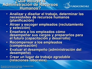 Programa Competencias Laborales, Fundación Chile.
Reproducción no autorizada. 2004
¿Qué incluye la
Administración de Recur...