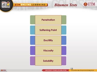 Bitumen Tests
13
Penetration
Softening Point
Ductility
Viscosity
Solubility
 
