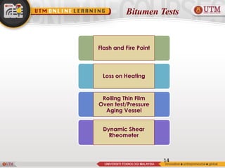 Bitumen Tests
14
Flash and Fire Point
Loss on Heating
Rolling Thin Film
Oven test/Pressure
Aging Vessel
Dynamic Shear
Rheometer
 