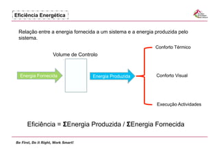 Eficiência Energética


 Relação entre a energia fornecida a um sistema e a energia produzida pelo
 sistema.
                                                           Conforto Térmico
                 Volume de Controlo



  Energia Fornecida              Energia Produzida          Conforto Visual




                                                            Execução Actividades



     Eficiência = ΣEnergia Produzida / ΣEnergia Fornecida
 