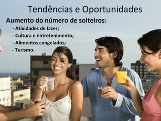 Tendências e Oportunidades
Aumento do número de solteiros:
 - Atividades de lazer;
 - Cultura e entretenimento;
 - Alimentos congelados;
 - Turismo.
 