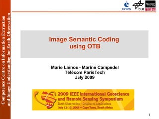 Competence Centre on Information Extraction
    and Image Understanding for Earth Observation




                           July 2009
                                                       using OTB



                      Télécom ParisTech
                Marie Liénou - Marine Campedel
                                                 Image Semantic Coding




1
 