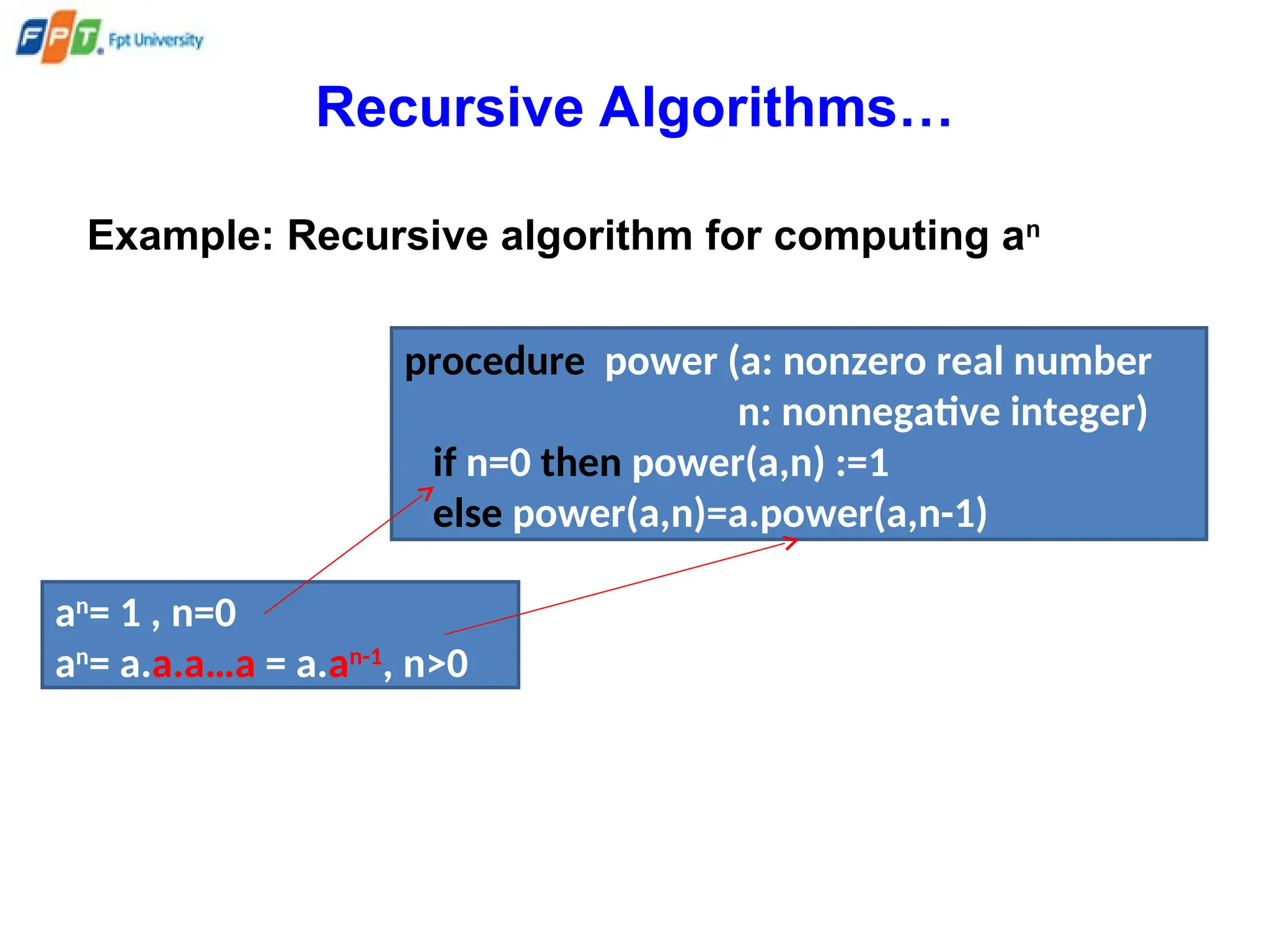 Recursive Algorithms…
Example: Recursive algorithm for computing an
an
= 1 , n=0
an
= a.a.a…a = a.an-1
, n>0
procedure power (a: nonzero real number
n: nonnegative integer)
if n=0 then power(a,n) :=1
else power(a,n)=a.power(a,n-1)
 