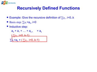 Recursively Defined Functions
 Example: Give the recursive definition of ∑ai , i=0..k
 Basis step: ∑ai =a0, i=0
 Inductive step:
a0 + a1 + … + ak-1 + ak
( ∑ai , i=0..k-1)
∑ai =ak + ( ∑ai , i=0..k-1)
 