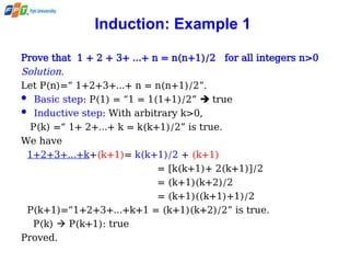 Induction: Example 1
Prove that 1 + 2 + 3+ …+ n = n(n+1)/2 for all integers n>0
Solution.
Let P(n)=“ 1+2+3+…+ n = n(n+1)/2”.
 Basic step: P(1) = “1 = 1(1+1)/2”  true
 Inductive step: With arbitrary k>0,
P(k) =“ 1+ 2+…+ k = k(k+1)/2” is true.
We have
1+2+3+…+k+(k+1)= k(k+1)/2 + (k+1)
= [k(k+1)+ 2(k+1)]/2
= (k+1)(k+2)/2
= (k+1)((k+1)+1)/2
P(k+1)=“1+2+3+…+k+1 = (k+1)(k+2)/2” is true.
P(k)  P(k+1): true
Proved.
 