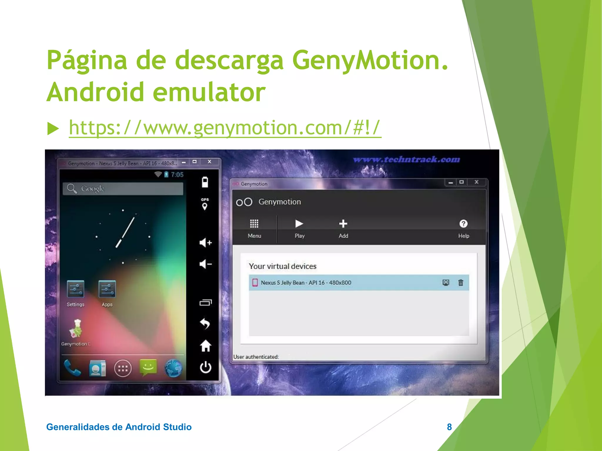 Configuración de Android Studio
Diseño y Desarrollo De App Para Móviles
Paso 1
Primero instale el JDK (Versión 7 o superior)
Si la instalación genera problemas de ruta del JDK, agregar variable de entorno.
Paso 2
Instale Android Studio (Instalar Plugin Genymotion).
Paso 3
Instale VirtualBox (Agregar Maquinas Virtuales).
Paso 4
Instale Genymotion (Agregar Dispositivos).
Secuencia de Instalación
Orden de instalación del software
8
 