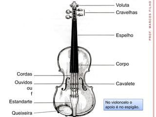 P R O F. M A R C O S F I L H O
                  Voluta
                  Cravelhas



                  Espelho




                  Corpo

   Cordas
  Ouvidos         Cavalete
       ou
         f
Estandarte   No violoncelo o
             apoio é no espigão.
 Queixeira
 
