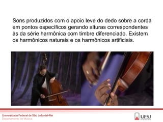 Sons produzidos com o apoio leve do dedo sobre a corda
        em pontos específicos gerando alturas correspondentes
        às da série harmônica com timbre diferenciado. Existem
        os harmônicos naturais e os harmônicos artificiais.




Universidade Federal de São João del-Rei
Departamento de Música
 