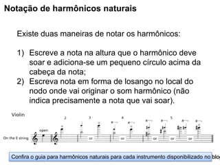 Notação de harmônicos naturais

   Existe duas maneiras de notar os harmônicos:

   1) Escreve a nota na altura que o harmônico deve
      soar e adiciona-se um pequeno círculo acima da
      cabeça da nota;
   2) Escreva nota em forma de losango no local do
      nodo onde vai originar o som harmônico (não
      indica precisamente a nota que vai soar).




 Confira o guia para harmônicos naturais para cada instrumento disponibilizado no blog
 