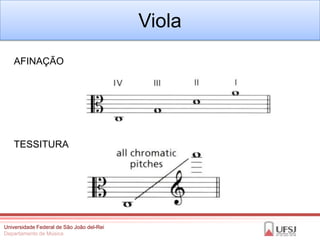 Viola
   AFINAÇÃO




   TESSITURA




Universidade Federal de São João del-Rei
Departamento de Música
 