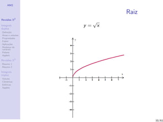 AM2

                               Raiz
              2
Revis˜es R
     o
                       √
Integrais         y=       x
duplos
Deﬁni¸˜o
      ca
´
Areas e volumes
Propriedades
Fubini
Aplica¸˜es
       co
Mudan¸a de
        c
vari´veis
    a
Polares
Applets

Revis˜es R3
     o
Resumo 1
Resumo 2

Integrais
triplos
Volume
Cil´
   ındricas
Esf´ricas
    e
Applets




                                      10/61
 
